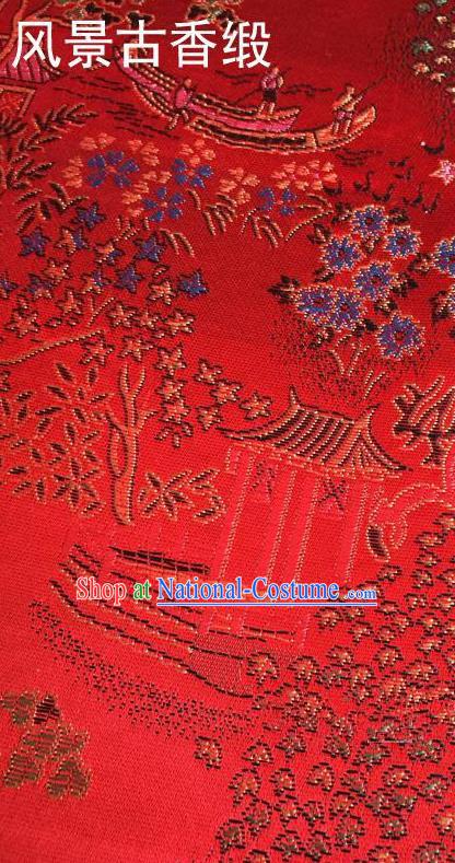 Traditional Asian Chinese Handmade Embroidery Scenery Silk Satin Tang Suit Red Fabric, Nanjing Brocade Ancient Costume Hanfu Cheongsam Cloth Material