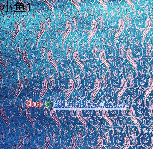 Traditional Asian Chinese Handmade Jacquard Weave Pink Fish Pattern Satin Tang Suit Blue Silk Fabric, Top Grade Nanjing Brocade Ancient Costume Hanfu Clothing Fabric Cheongsam Cloth Material