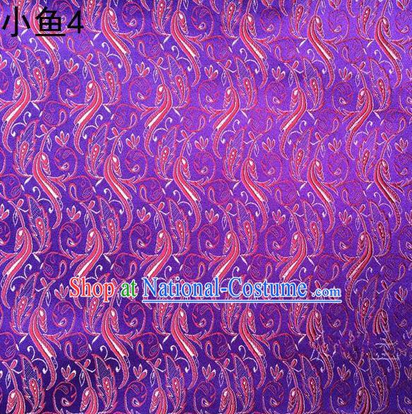 Traditional Asian Chinese Handmade Jacquard Weave Red Fish Pattern Satin Tang Suit Purple Silk Fabric, Top Grade Nanjing Brocade Ancient Costume Hanfu Clothing Fabric Cheongsam Cloth Material