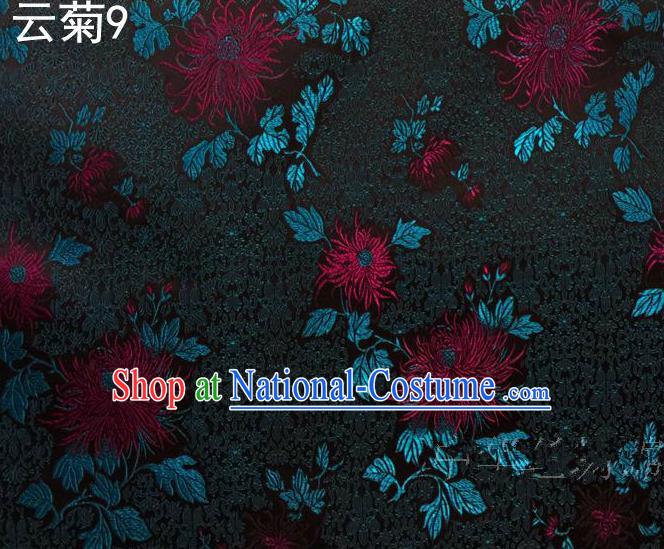 Traditional Asian Chinese Handmade Jacquard Weave Embroidery Chrysanthemum Satin Tang Suit Black Silk Fabric, Top Grade Nanjing Brocade Ancient Costume Hanfu Clothing Fabric Cheongsam Cloth Material