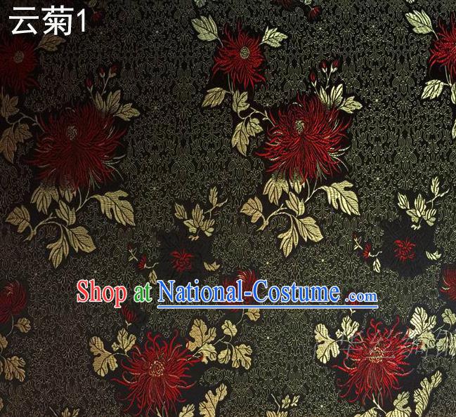 Traditional Asian Chinese Handmade Jacquard Weave Embroidery Red Chrysanthemum Satin Tang Suit Black Silk Fabric, Top Grade Nanjing Brocade Ancient Costume Hanfu Clothing Fabric Cheongsam Cloth Material