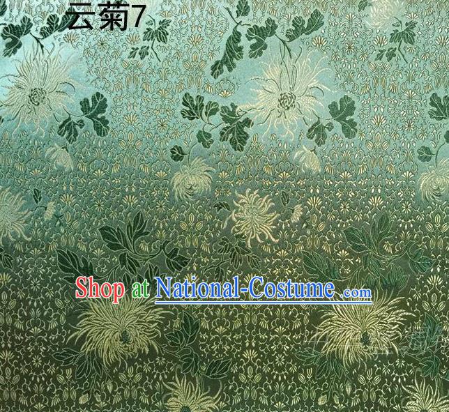 Traditional Asian Chinese Handmade Jacquard Weave Embroidery Chrysanthemum Satin Tang Suit Green Silk Fabric, Top Grade Nanjing Brocade Ancient Costume Hanfu Clothing Fabric Cheongsam Cloth Material