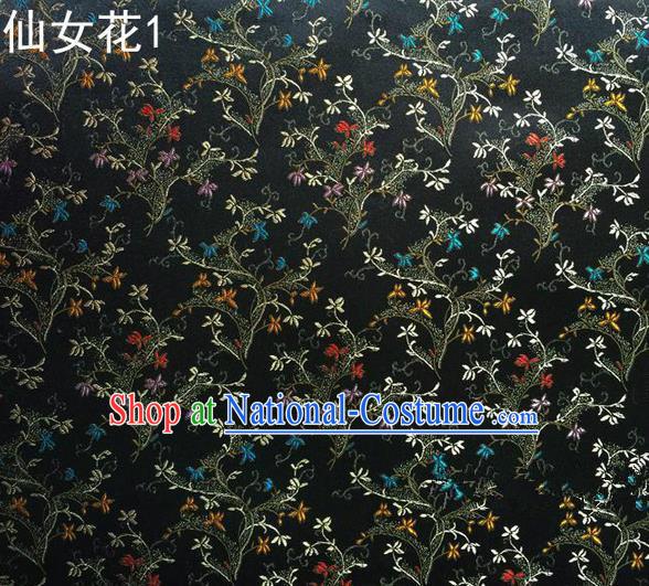 Traditional Asian Chinese Handmade Embroidery Spreading Flowers Satin Tang Suit Black Silk Fabric, Top Grade Nanjing Brocade Ancient Costume Hanfu Clothing Cheongsam Cloth Material