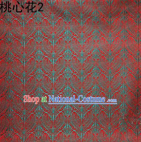 Traditional Asian Chinese Handmade Embroidery Blue Peach Hearts Flowers Satin Tang Suit Red Silk Fabric, Top Grade Nanjing Brocade Ancient Costume Hanfu Clothing Cheongsam Cloth Material