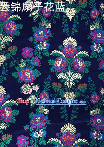 Traditional Asian Chinese Handmade Embroidery Flowers Satin Tang Suit Navy Silk Fabric, Top Grade Nanjing Brocade Ancient Wedding Costume Hanfu Clothing Cheongsam Cloth Material