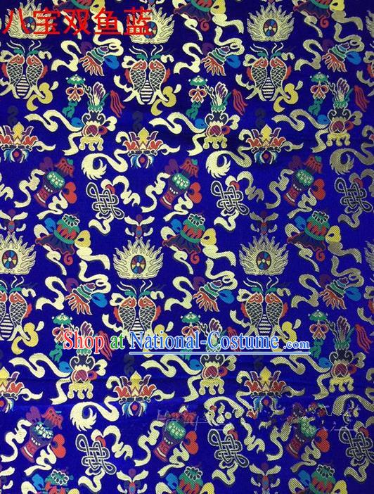 Traditional Asian Chinese Handmade Embroidery Hylotelephium Fishes Satin Xiuhe Suit Royalblue Silk Fabric, Top Grade Nanjing Brocade Ancient Costume Hanfu Clothing Cheongsam Cloth Material