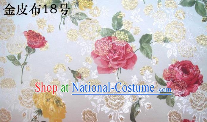 Traditional Asian Chinese Handmade Printing Gold Wire Roses Satin Wedding Tang Suit White Silk Fabric, Top Grade Nanjing Brocade Ancient Costume Hanfu Tibetan Clothing Cheongsam Cloth Material