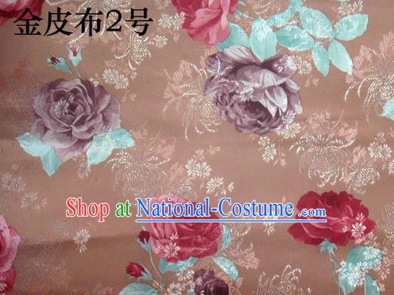 Traditional Asian Chinese Handmade Printing Gold Wire Roses Satin Wedding Tang Suit Brown Silk Fabric, Top Grade Nanjing Brocade Ancient Costume Hanfu Tibetan Clothing Cheongsam Cloth Material