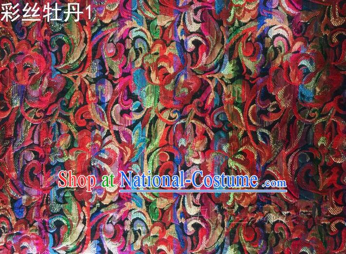 Traditional Asian Chinese Handmade Printing Gold Wire Roses Satin Wedding Tang Suit Silk Fabric, Top Grade Nanjing Brocade Ancient Costume Hanfu Tibetan Clothing Cheongsam Cloth Material