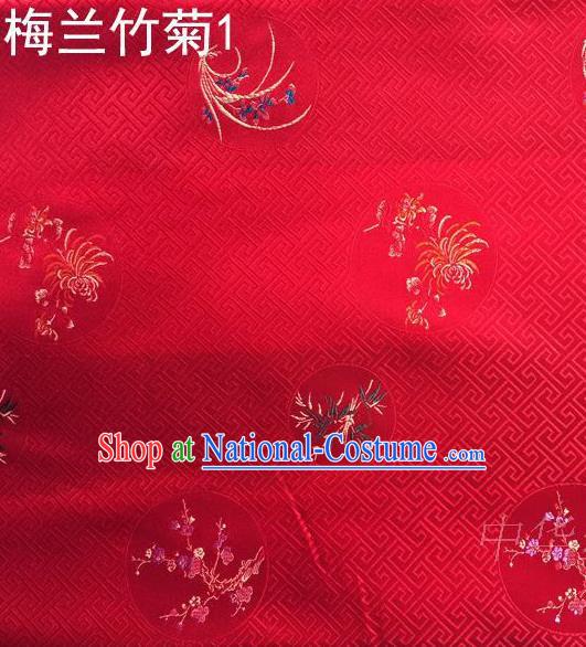 Traditional Asian Chinese Handmade Printing Plum Blossoms Orchid Bamboo and Chrysanthemum Satin Tang Suit Red Fabric, Nanjing Brocade Ancient Costume Hanfu Cheongsam Cloth Material