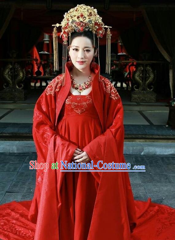 Asian Chinese Traditional Ming Dynasty Imperial Princess Wedding Costume and Headpiece Complete Set, China Elegant Hanfu Bride Embroidery Dress Clothing