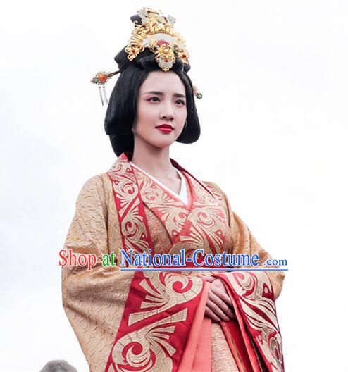 Asian Chinese Traditional Three Kingdoms Bride Wedding Costume and Headpiece Complete Set, The Advisors Alliance China Elegant Hanfu Princess Embroidery Bottom Drawer Dress