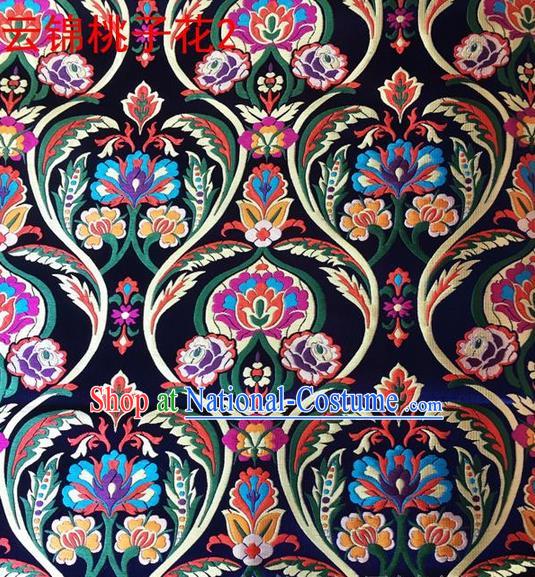 Traditional Asian Chinese Handmade Embroidery Peach Pattern Silk Satin Tang Suit Navy Fabric, Nanjing Brocade Ancient Costume Hanfu Cheongsam Cloth Material