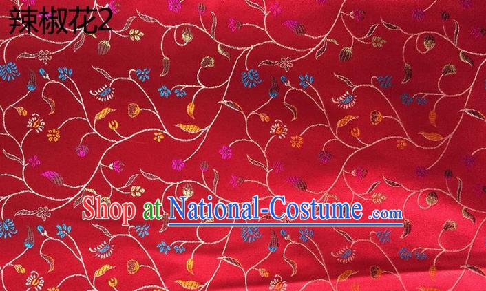 Traditional Asian Chinese Handmade Embroidery Pepper Flowers Pattern Silk Satin Tang Suit Red Fabric, Nanjing Brocade Ancient Costume Hanfu Cheongsam Cloth Material