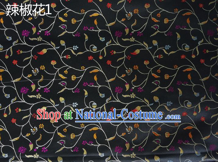 Traditional Asian Chinese Handmade Embroidery Pepper Flowers Pattern Silk Satin Tang Suit Black Fabric, Nanjing Brocade Ancient Costume Hanfu Cheongsam Cloth Material