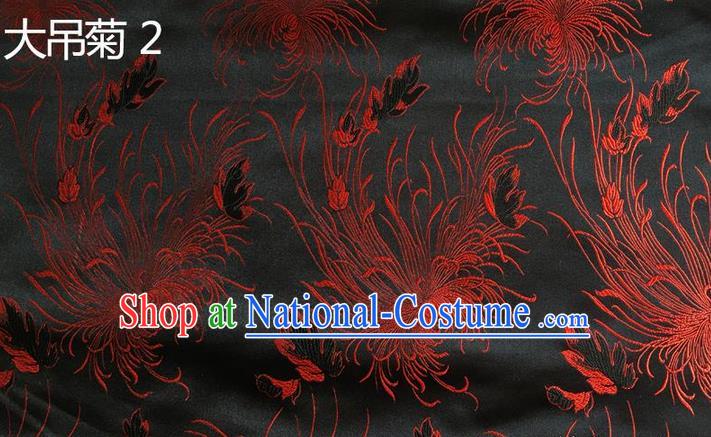 Traditional Asian Chinese Handmade Embroidery Chrysanthemum Flowers Silk Satin Tang Suit Black Tibetan Fabric, Nanjing Brocade Ancient Costume Hanfu Cheongsam Cloth Material