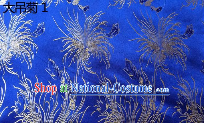 Traditional Asian Chinese Handmade Embroidery Chrysanthemum Flowers Silk Satin Tang Suit Blue Tibetan Fabric, Nanjing Brocade Ancient Costume Hanfu Cheongsam Cloth Material