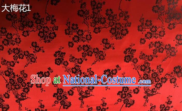 Traditional Asian Chinese Handmade Embroidery Black Plum Blossom Flowers Silk Satin Tang Suit Red Fabric, Nanjing Brocade Ancient Costume Hanfu Cheongsam Cloth Material