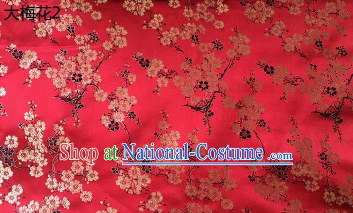 Traditional Asian Chinese Handmade Embroidery Plum Blossom Flowers Silk Satin Tang Suit Red Fabric, Nanjing Brocade Ancient Costume Hanfu Cheongsam Cloth Material