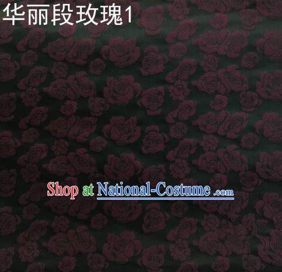 Traditional Asian Chinese Handmade Embroidery Roses Silk Satin Tang Suit Black Fabric, Nanjing Brocade Ancient Costume Hanfu Cheongsam Cloth Material