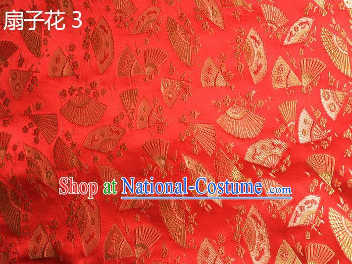 Traditional Asian Chinese Handmade Embroidery Fans Flowers Silk Satin Tang Suit Red Fabric, Nanjing Brocade Ancient Costume Hanfu Cheongsam Cloth Material