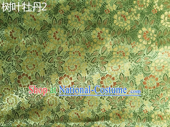 Traditional Asian Chinese Handmade Embroidery Peony Leaf Silk Satin Tang Suit Green Fabric, Nanjing Brocade Ancient Costume Hanfu Cheongsam Cloth Material