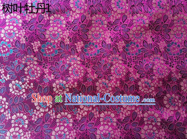 Traditional Asian Chinese Handmade Embroidery Peony Leaf Silk Satin Tang Suit Purple Fabric, Nanjing Brocade Ancient Costume Hanfu Cheongsam Cloth Material