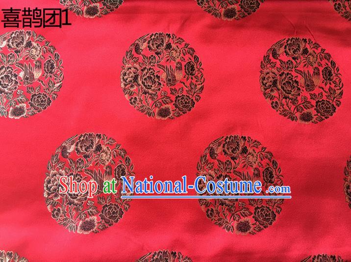 Traditional Asian Chinese Handmade Embroidery Peony Magpie Silk Satin Tang Suit Red Fabric, Nanjing Brocade Ancient Costume Hanfu Cheongsam Cloth Material