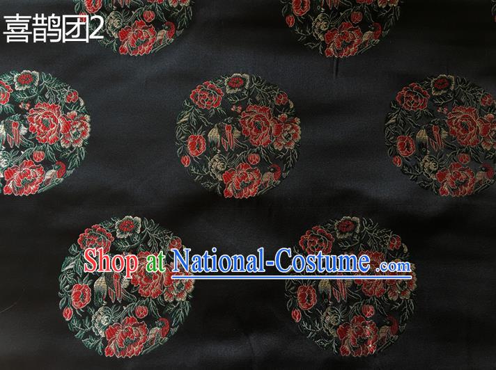 Traditional Asian Chinese Handmade Embroidery Peony Magpie Silk Satin Tang Suit Black Fabric, Nanjing Brocade Ancient Costume Hanfu Cheongsam Cloth Material