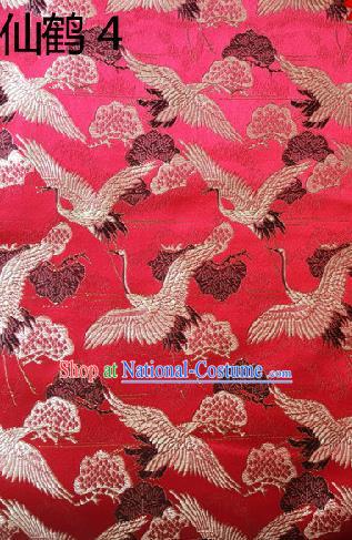 Traditional Asian Chinese Handmade Embroidery Cranes Kimono Silk Satin Tang Suit Red Fabric, Nanjing Brocade Ancient Costume Hanfu Cheongsam Cloth Material