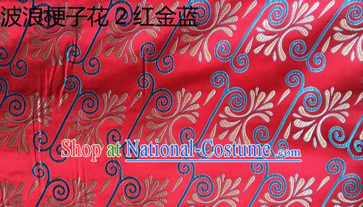 Traditional Asian Chinese Handmade Embroidery Wave Stem Flowers Silk Satin Tang Suit Red Fabric, Nanjing Brocade Ancient Costume Hanfu Cheongsam Cloth Material