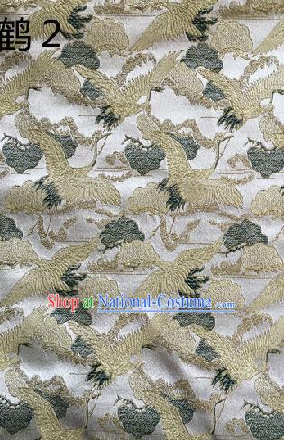 Traditional Asian Chinese Handmade Embroidery Cranes Kimono Silk Satin Tang Suit White Fabric, Nanjing Brocade Ancient Costume Hanfu Cheongsam Cloth Material