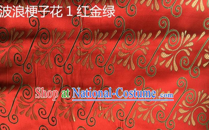 Traditional Asian Chinese Handmade Embroidery Wave Green Stem Flowers Silk Satin Tang Suit Red Fabric, Nanjing Brocade Ancient Costume Hanfu Cheongsam Cloth Material