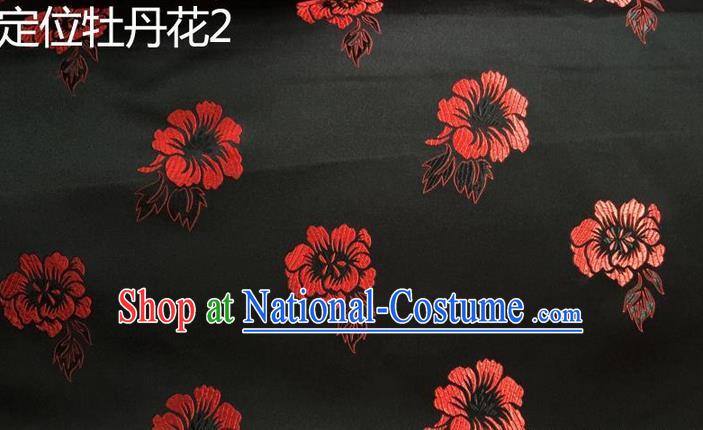 Traditional Asian Chinese Handmade Embroidery Red Peony Flowers Silk Satin Tang Suit Black Fabric, Nanjing Brocade Ancient Costume Hanfu Cheongsam Cloth Material