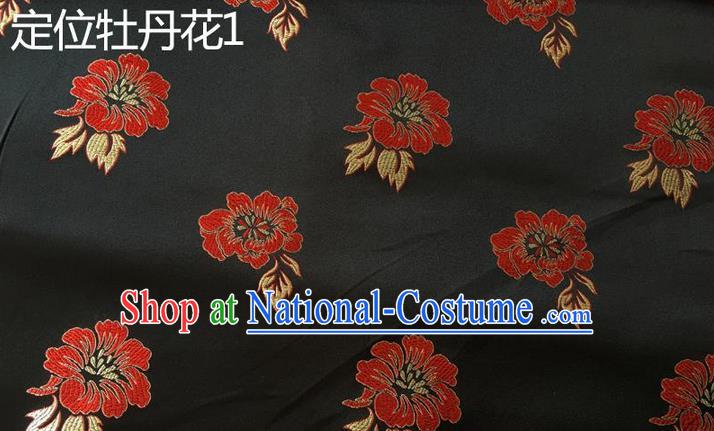 Traditional Asian Chinese Handmade Embroidery Peony Flowers Silk Satin Tang Suit Black Fabric, Nanjing Brocade Ancient Costume Hanfu Cheongsam Cloth Material