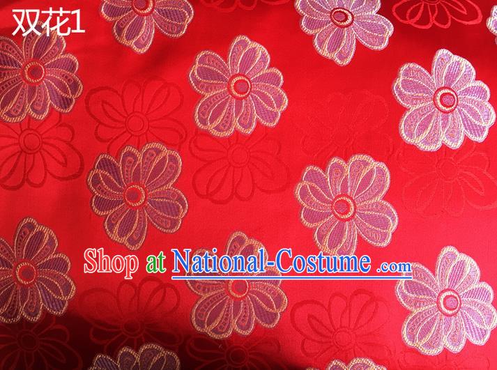 Traditional Asian Chinese Handmade Embroidery Flowers Silk Satin Tang Suit Red Fabric Drapery, Nanjing Brocade Ancient Costume Hanfu Cheongsam Cloth Material