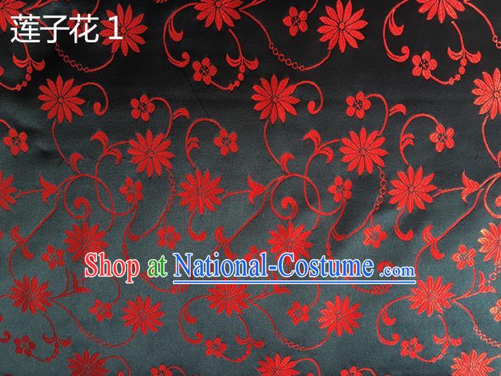 Traditional Asian Chinese Handmade Embroidery Lotus Flowers Silk Satin Tang Suit Black Fabric Drapery, Nanjing Brocade Ancient Costume Hanfu Cheongsam Cloth Material