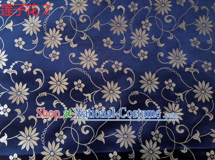 Traditional Asian Chinese Handmade Embroidery Lotus Flowers Silk Satin Tang Suit Navy Fabric Drapery, Nanjing Brocade Ancient Costume Hanfu Cheongsam Cloth Material