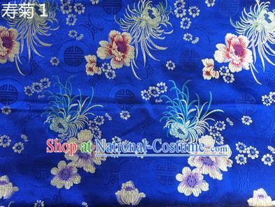 Traditional Asian Chinese Handmade Embroidery Marguerite Flowers Silk Satin Tang Suit Blue Fabric Drapery, Nanjing Brocade Ancient Costume Hanfu Cheongsam Cloth Material