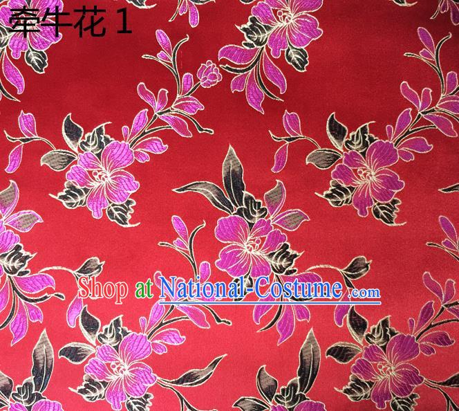 Traditional Asian Chinese Handmade Embroidery Morning Glory Flowers Silk Satin Tang Suit Red Fabric Drapery, Nanjing Brocade Ancient Costume Hanfu Cheongsam Cloth Material