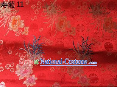 Traditional Asian Chinese Handmade Embroidery Marguerite Flowers Silk Satin Tang Suit Red Fabric Drapery, Nanjing Brocade Ancient Costume Hanfu Cheongsam Cloth Material