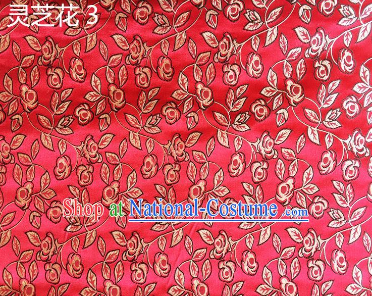 Traditional Asian Chinese Handmade Embroidery Ganoderma Flowers Silk Satin Tang Suit Red Fabric Drapery, Nanjing Brocade Ancient Costume Hanfu Cheongsam Cloth Material