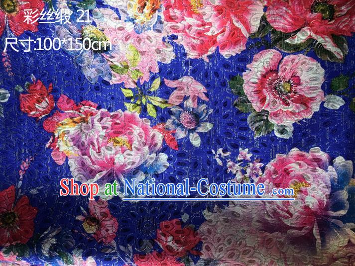 Traditional Asian Chinese Handmade Printing Peony Color Silk Satin Tang Suit Golden Fabric Drapery, Nanjing Brocade Ancient Costume Hanfu Cheongsam Cloth Material