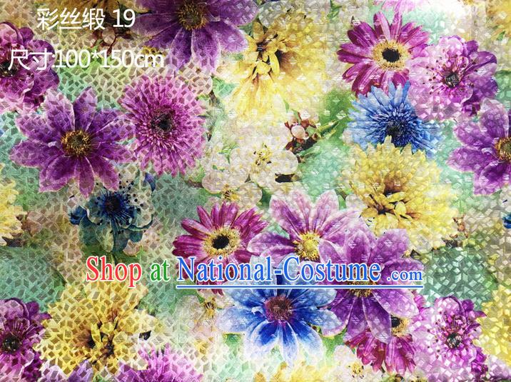 Traditional Asian Chinese Handmade Printing Sunflowers Color Silk Satin Tang Suit Purple Fabric Drapery, Nanjing Brocade Ancient Costume Hanfu Cheongsam Cloth Material