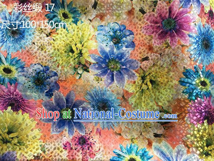 Traditional Asian Chinese Handmade Printing Blue Sunflowers Color Silk Satin Tang Suit Fabric Drapery, Nanjing Brocade Ancient Costume Hanfu Cheongsam Cloth Material