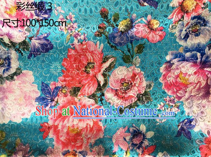 Traditional Asian Chinese Handmade Printing Peony Flowers Color Silk Satin Tang Suit Blue Fabric Drapery, Nanjing Brocade Ancient Costume Hanfu Cheongsam Cloth Material