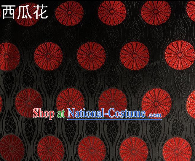 Traditional Asian Chinese Handmade Embroidery Watermelon Flowers Silk Satin Tang Suit Black Fabric Drapery, Nanjing Brocade Ancient Costume Hanfu Cheongsam Cloth Material