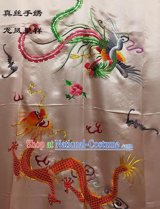 Traditional Asian Chinese Handmade Embroidery Dragon and Phoenix Quilt Cover Silk Tapestry Light Pink Fabric Drapery, Top Grade Nanjing Brocade Bed Sheet Cloth Material