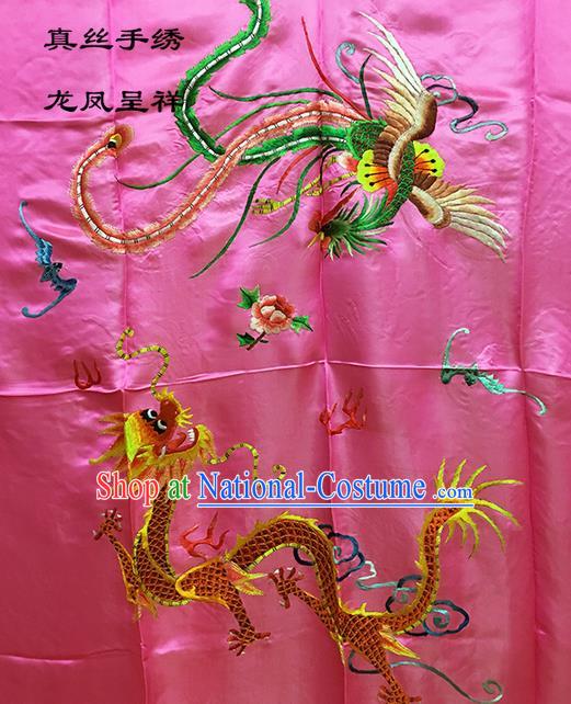 Traditional Asian Chinese Handmade Embroidery Dragon and Phoenix Quilt Cover Silk Tapestry Peach Pink Fabric Drapery, Top Grade Nanjing Brocade Bed Sheet Cloth Material