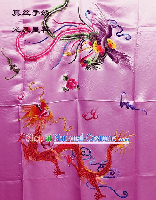 Traditional Asian Chinese Handmade Embroidery Dragon and Phoenix Quilt Cover Silk Tapestry Pink Fabric Drapery, Top Grade Nanjing Brocade Bed Sheet Cloth Material